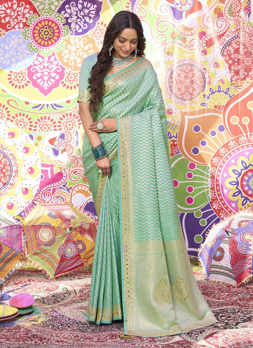 Pista Green Pure Brocade Satin Silk Saree