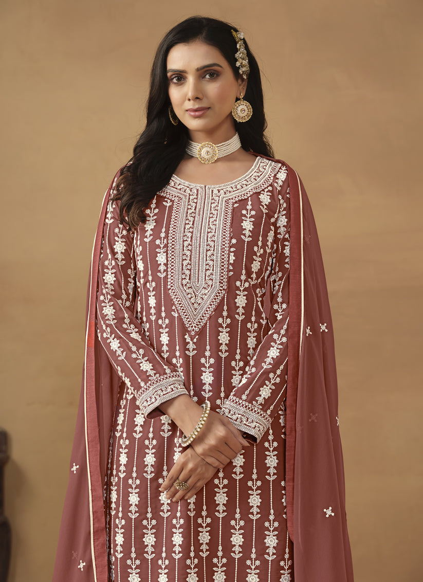 Rose Taupe Faux Georgette Embroidered Sarara Kameez