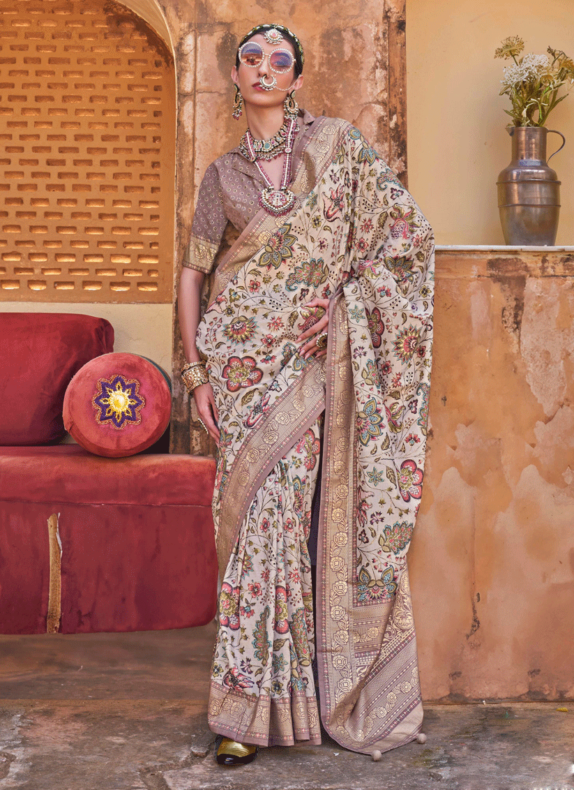 Ash Beige Floral Printed Designer Silk Saree