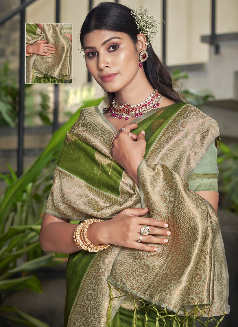 Olive Green Cotton Woven Saree