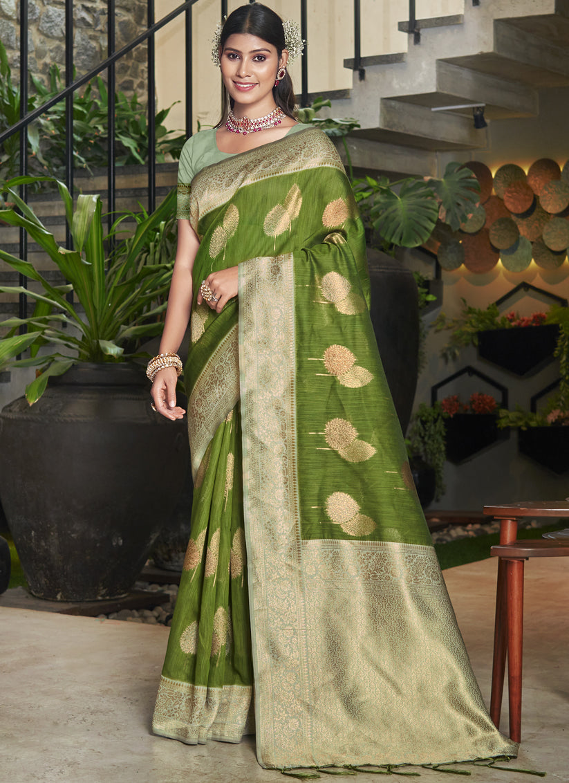 Olive Green Cotton Woven Saree