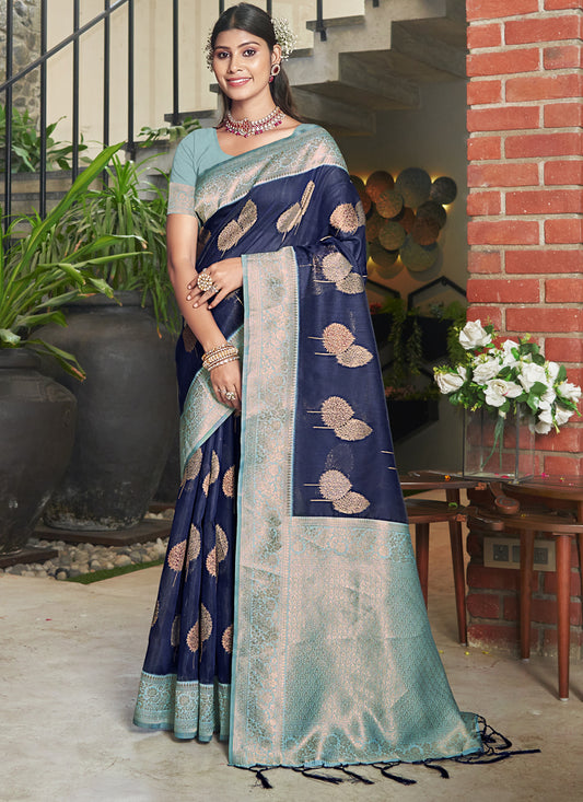 Navy Blue Cotton Woven Saree