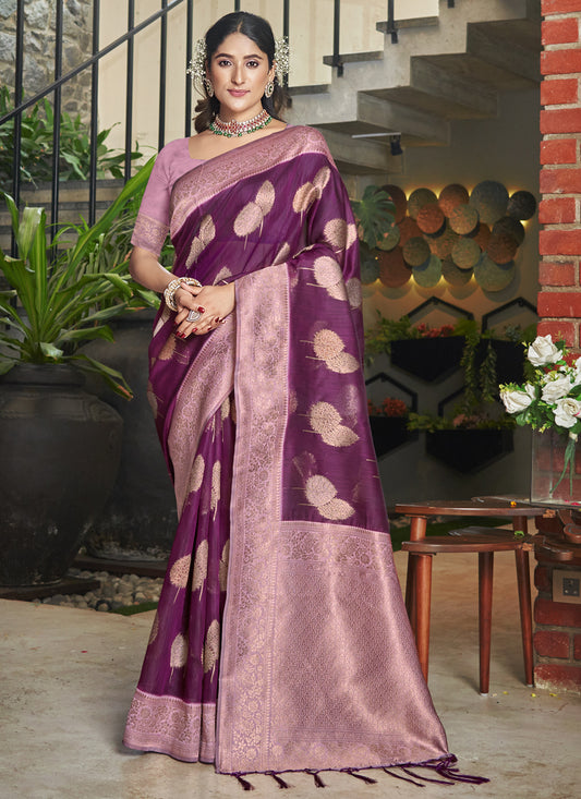 Wine Cotton Woven Saree