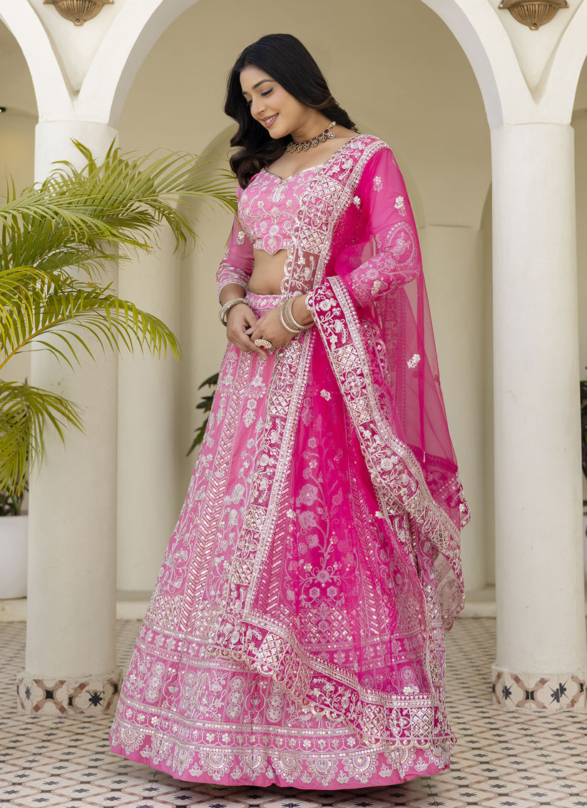 Designer Pink Crepe Silk Lehenga Choli with Intricate Zari Embroidery