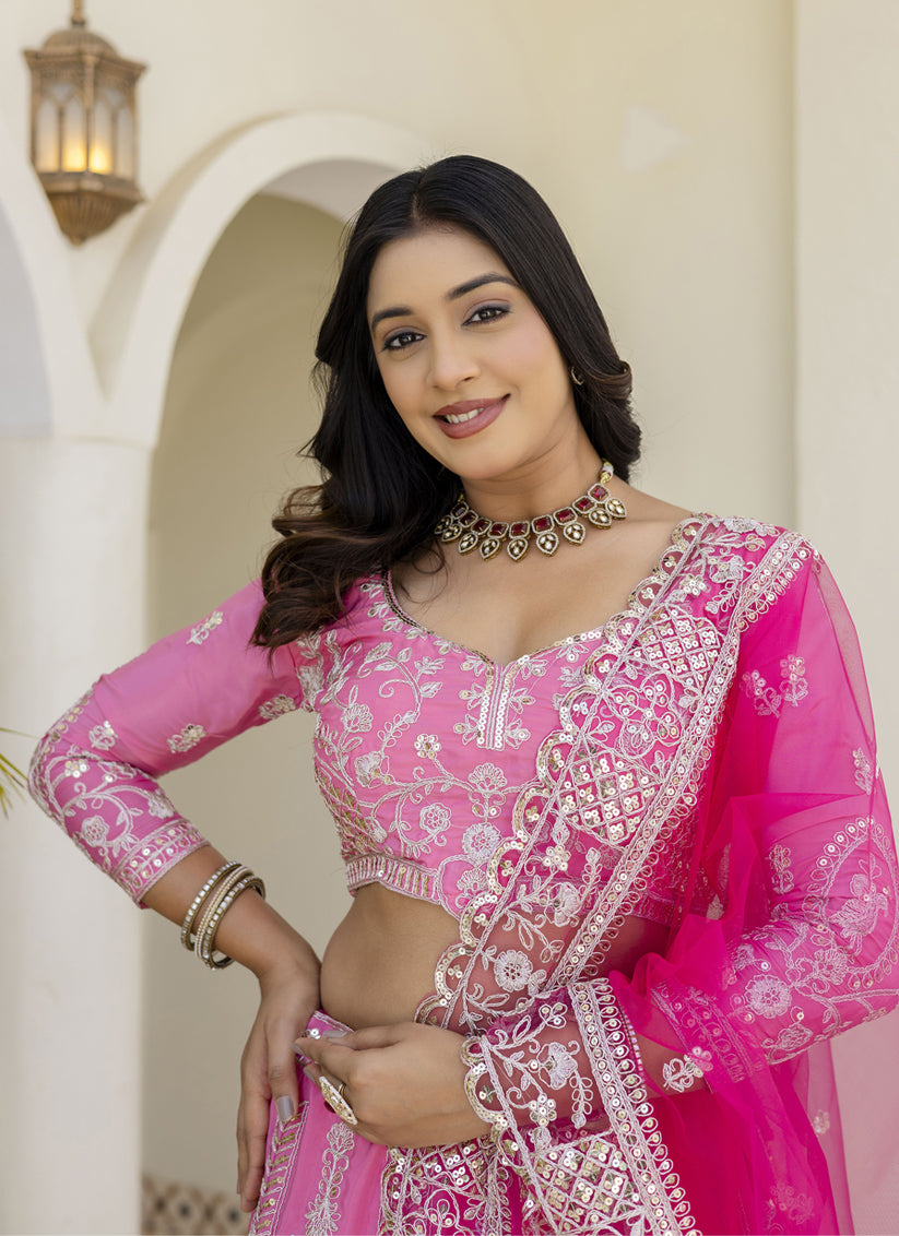 Designer Pink Crepe Silk Lehenga Choli with Intricate Zari Embroidery