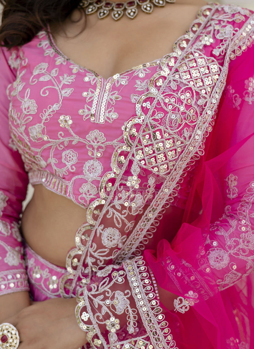 Designer Pink Crepe Silk Lehenga Choli with Intricate Zari Embroidery