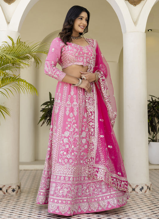 Designer Pink Crepe Silk Lehenga Choli with Intricate Zari Embroidery