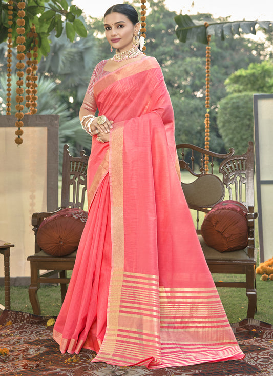 Coral Pink Cotton Woven Saree