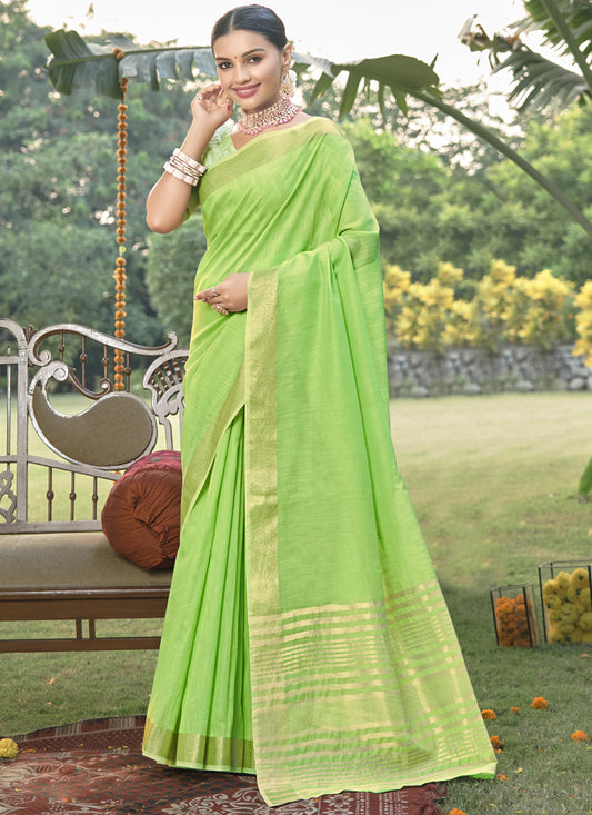 Parrot Green Cotton Woven Saree