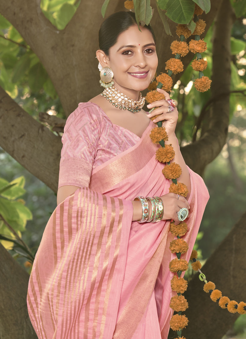 Pink Cotton Woven Saree