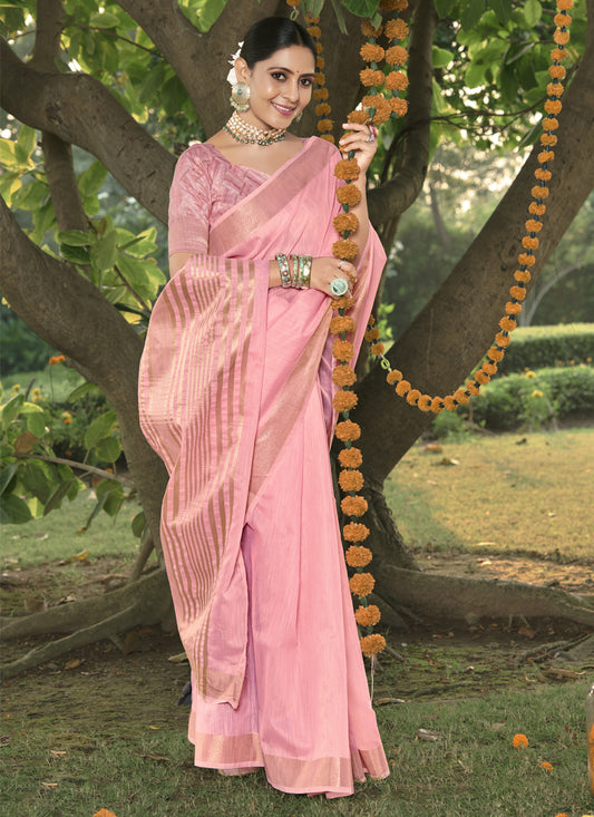 Pink Cotton Woven Saree