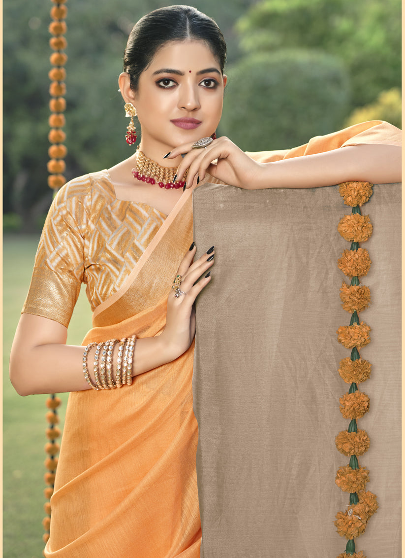 Peach Orange Cotton Woven Saree