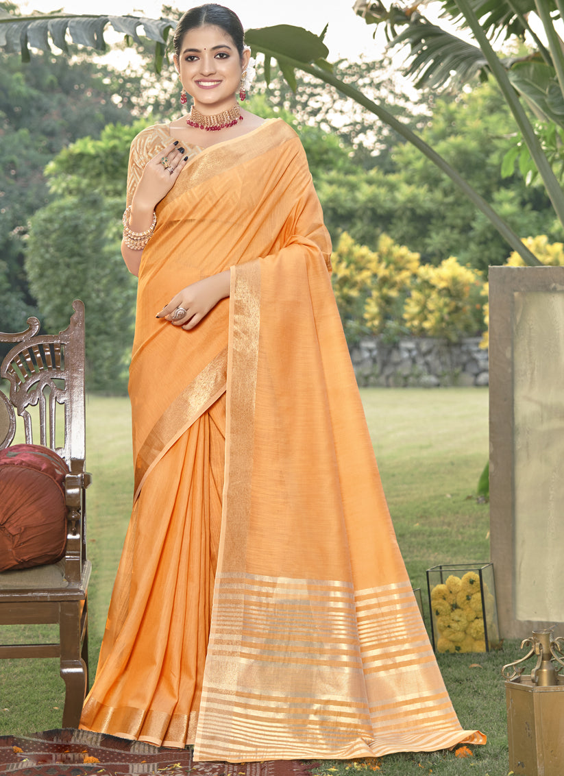 Peach Orange Cotton Woven Saree