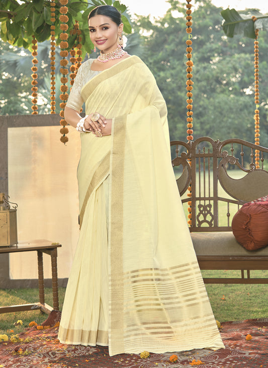 Cream Cotton Woven Saree