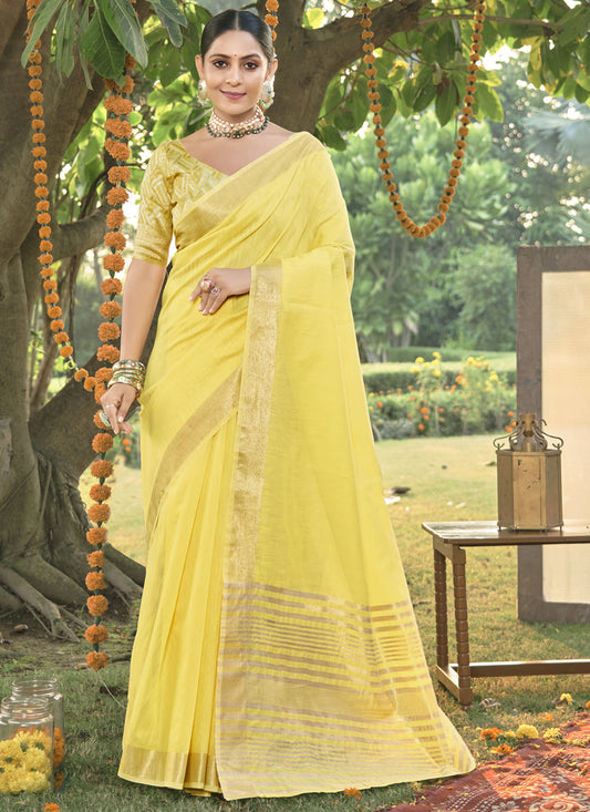 Lemon Yellow Cotton Woven Saree