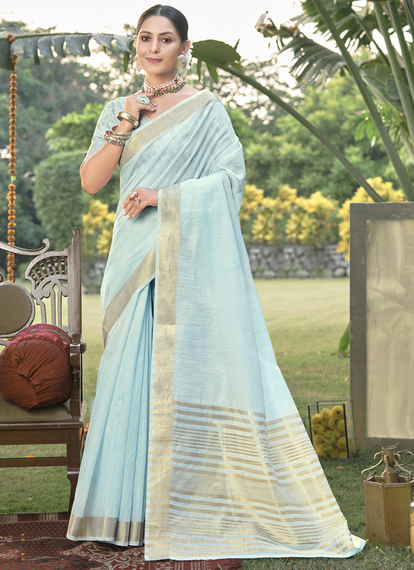 Sky Blue Cotton Woven Saree