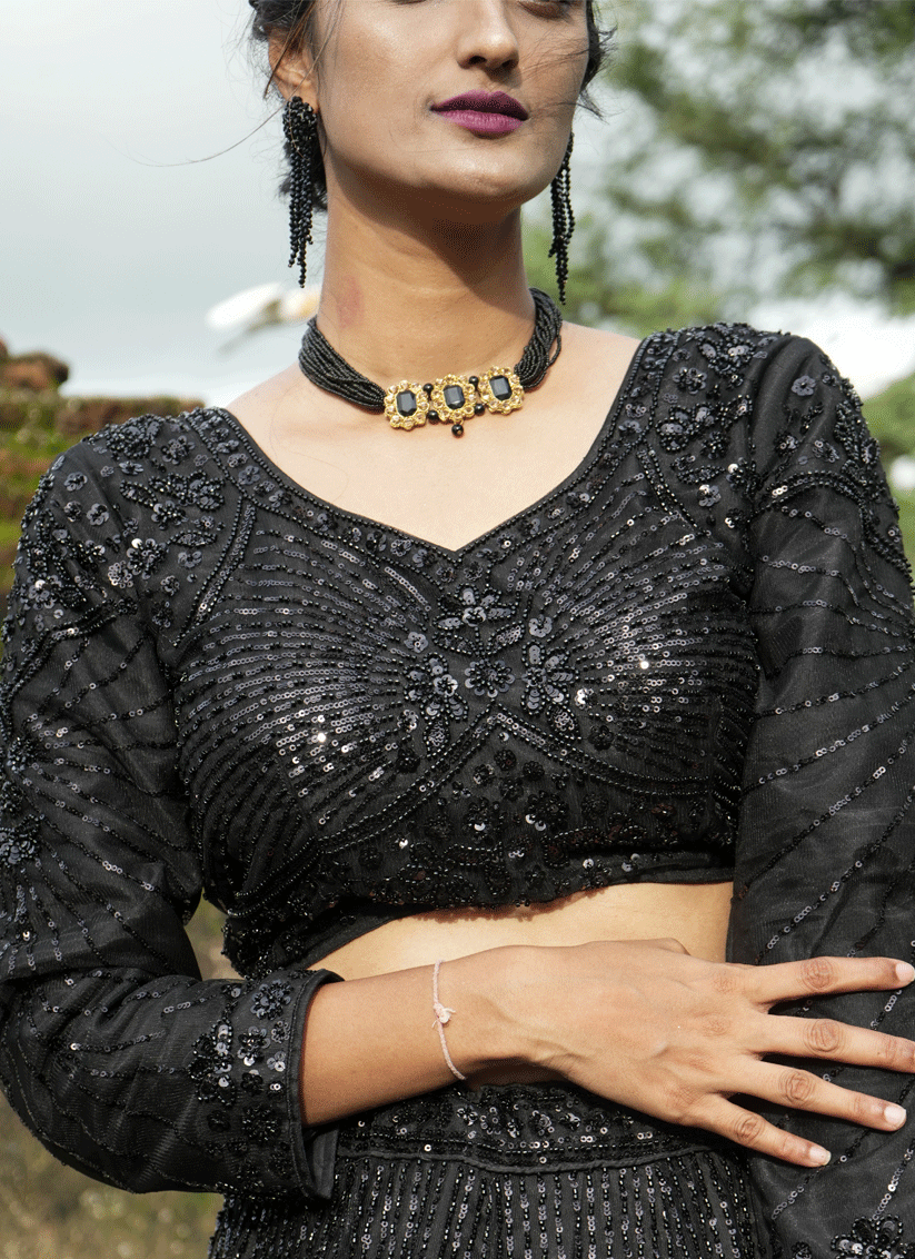 Black Net Heavy Embellished Designer Lehenga Choli