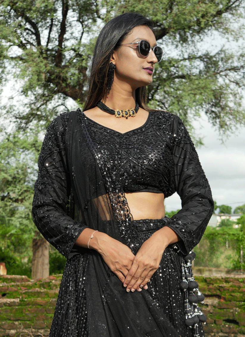 Black Net Heavy Embellished Designer Lehenga Choli