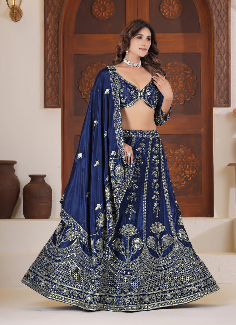 Navy Blue Designer Chinon Silk Lehenga Choli with Sequin & Zari Embroidery