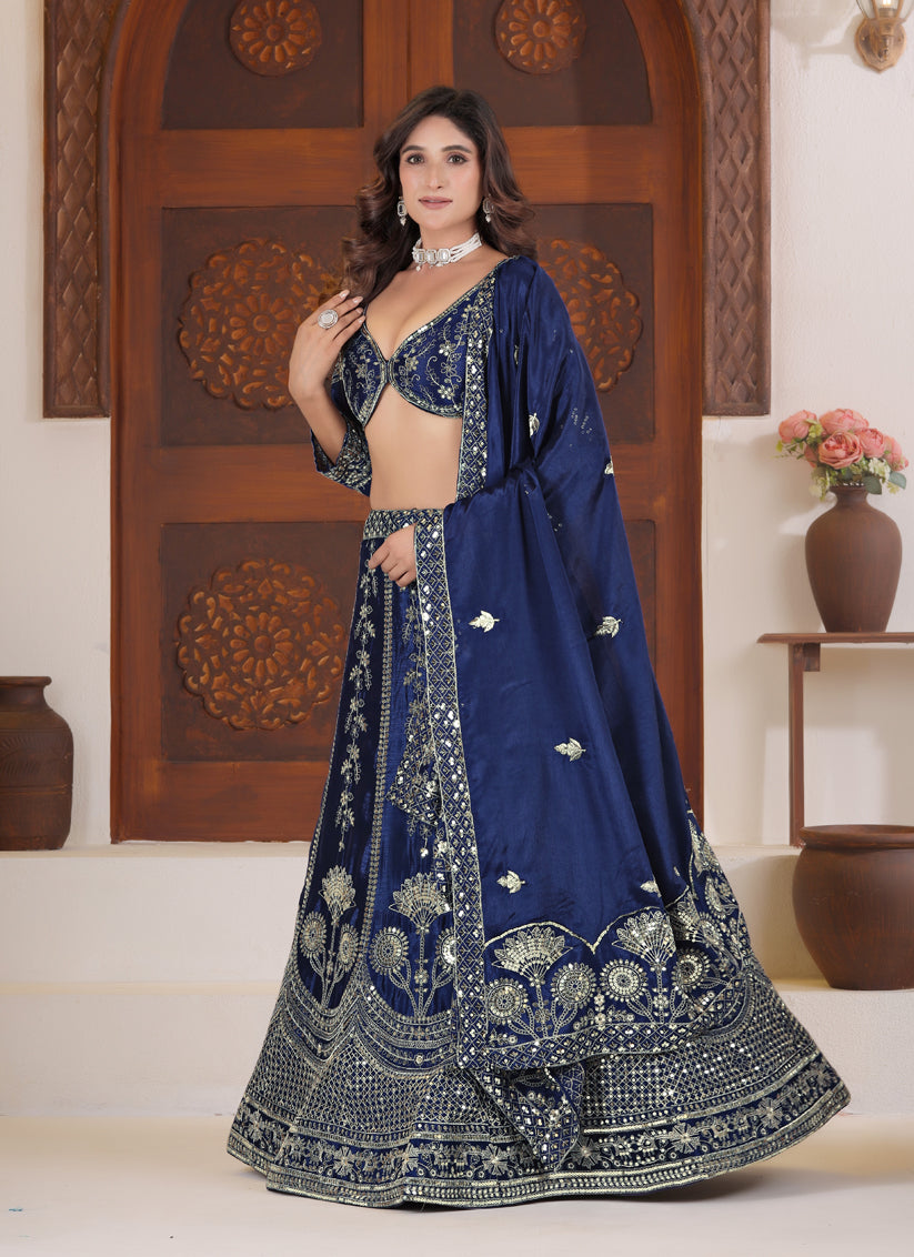 Navy Blue Designer Chinon Silk Lehenga Choli with Sequin & Zari Embroidery