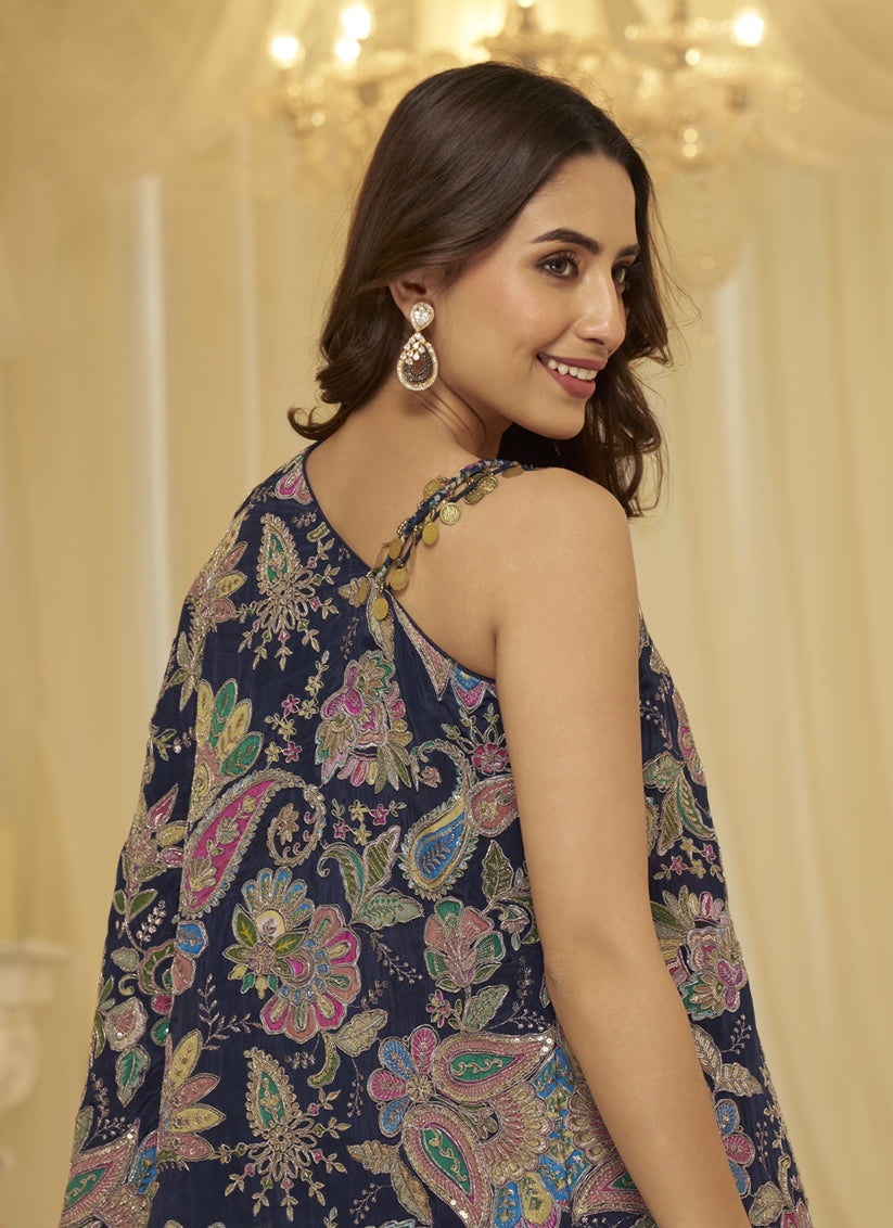 Royal Navy Blue Embroidered Designer Sharara Suit