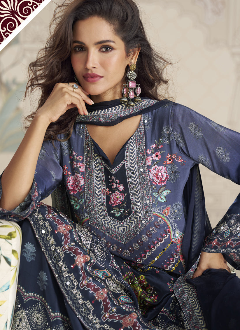 Royal Navy Blue Crepe Silk Sharara Suit with Digital Print & Mirror Stone Work