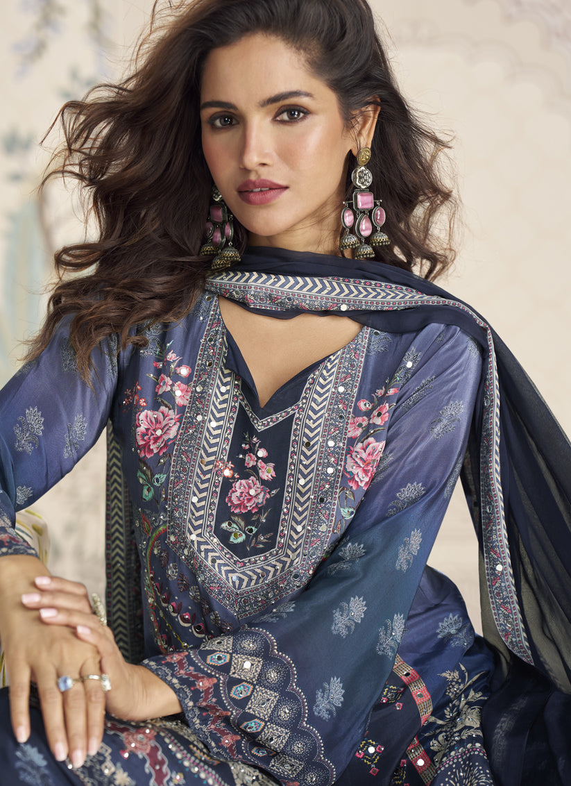 Royal Navy Blue Crepe Silk Sharara Suit with Digital Print & Mirror Stone Work