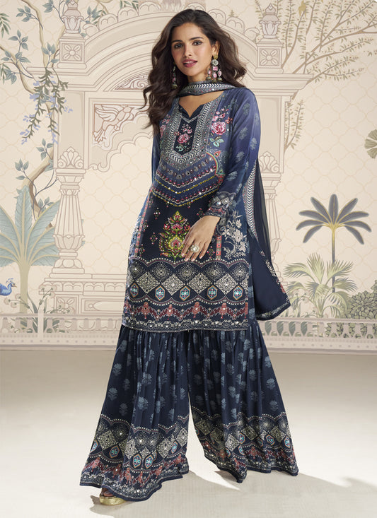 Royal Navy Blue Crepe Silk Sharara Suit with Digital Print & Mirror Stone Work