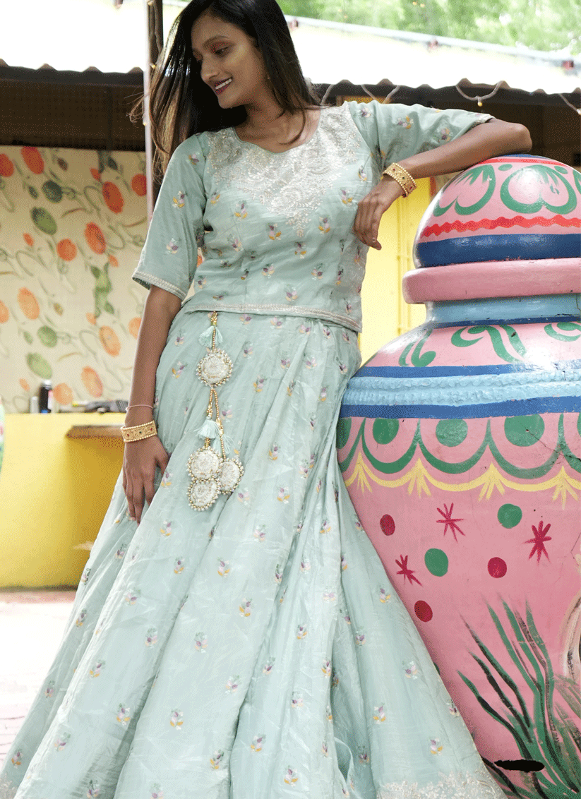 Sage Green  Tissue Heavy  Embroidered Designer Lehenga Choli