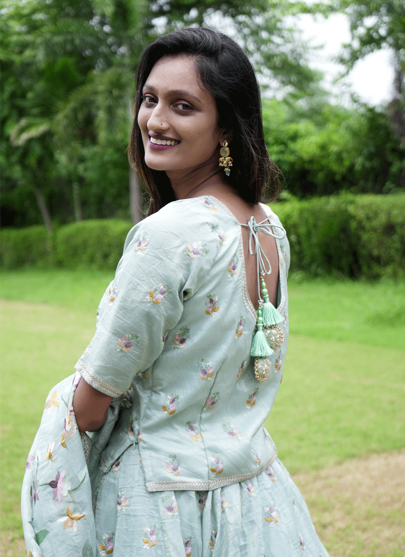 Sage Green  Tissue Heavy  Embroidered Designer Lehenga Choli