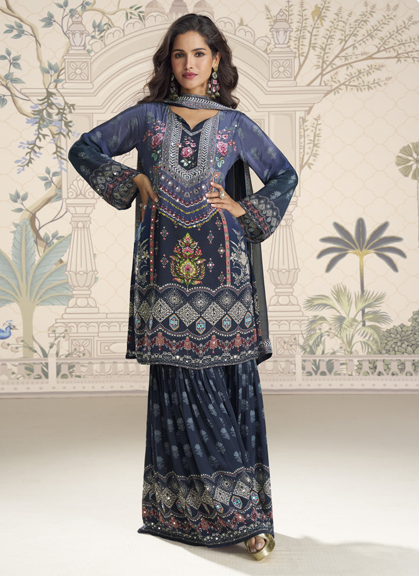 Royal Navy Blue Crepe Silk Sharara Suit with Digital Print & Mirror Stone Work