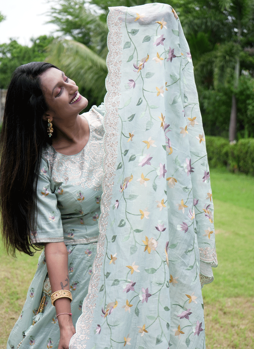 Sage Green  Tissue Heavy  Embroidered Designer Lehenga Choli