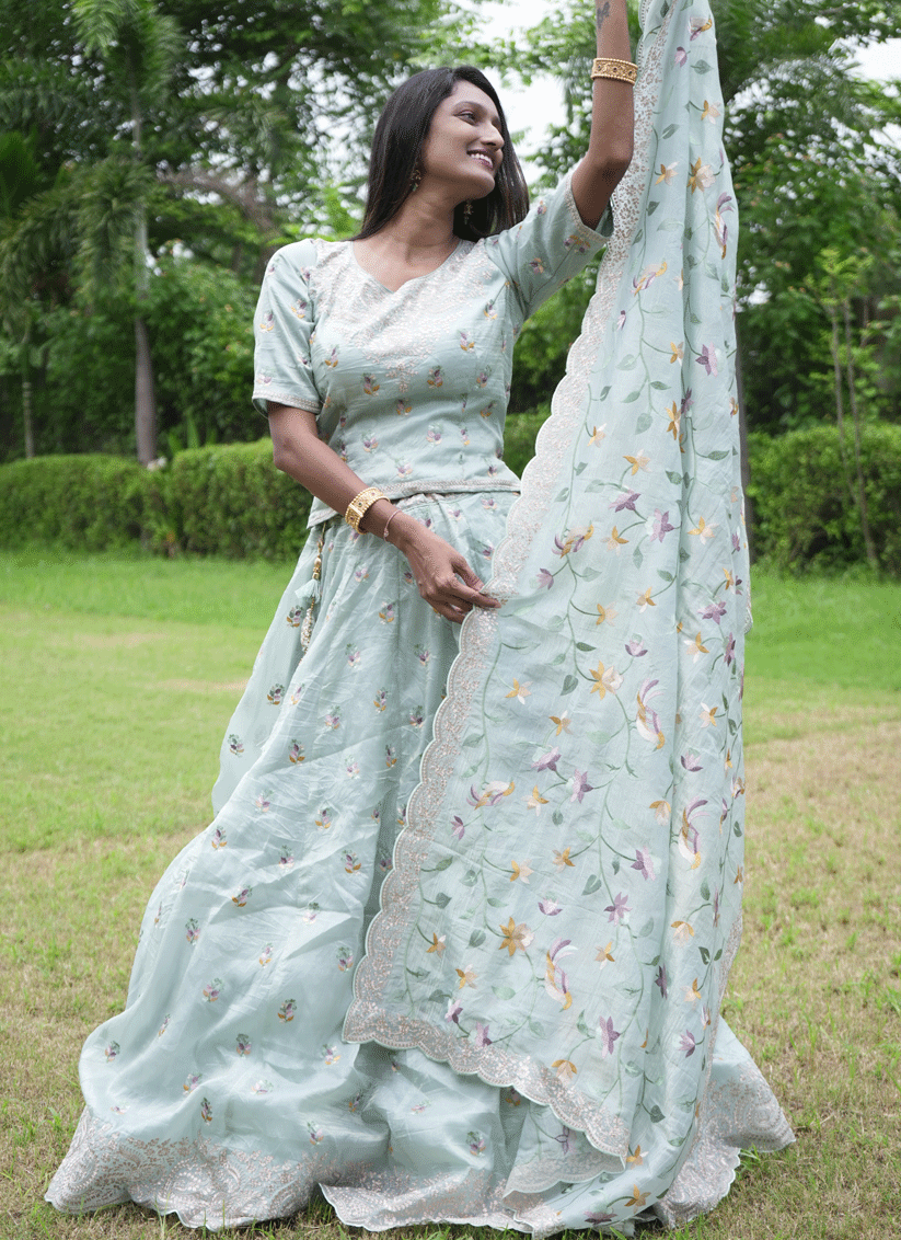 Sage Green  Tissue Heavy  Embroidered Designer Lehenga Choli