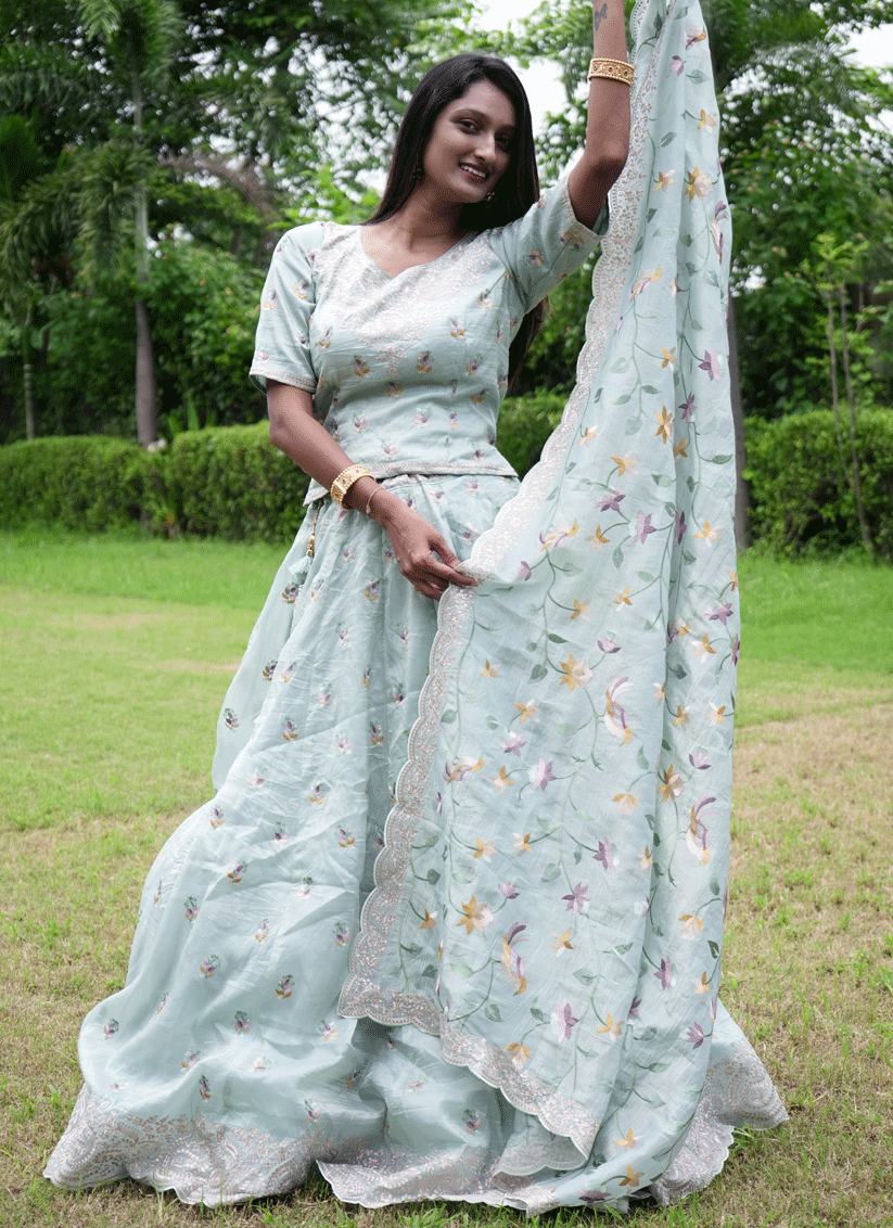 Sage Green  Tissue Heavy  Embroidered Designer Lehenga Choli