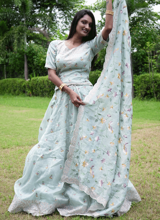 Sage Green  Tissue Heavy  Embroidered Designer Lehenga Choli