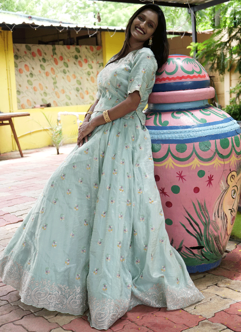 Sage Green  Tissue Heavy  Embroidered Designer Lehenga Choli
