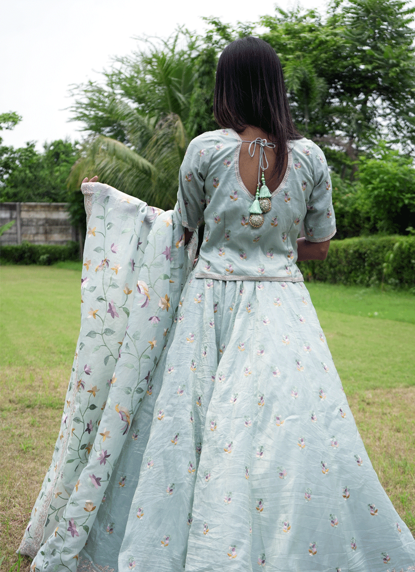 Sage Green  Tissue Heavy  Embroidered Designer Lehenga Choli