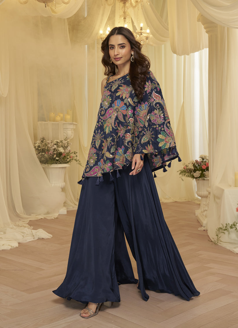 Royal Navy Blue Embroidered Designer Sharara Suit