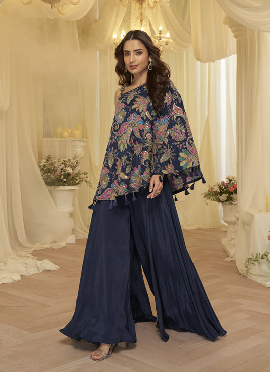 Royal Navy Blue Embroidered Designer Sharara Suit