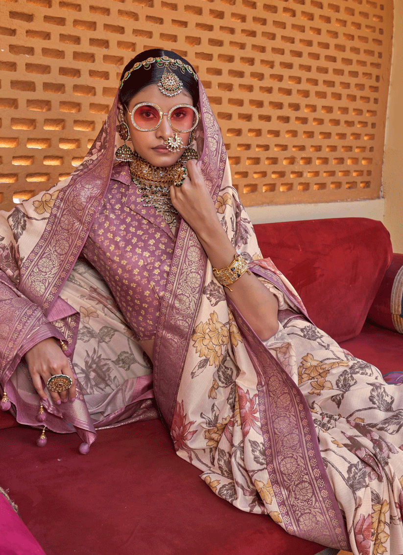 Beige Floral Printed Designer Silk Saree