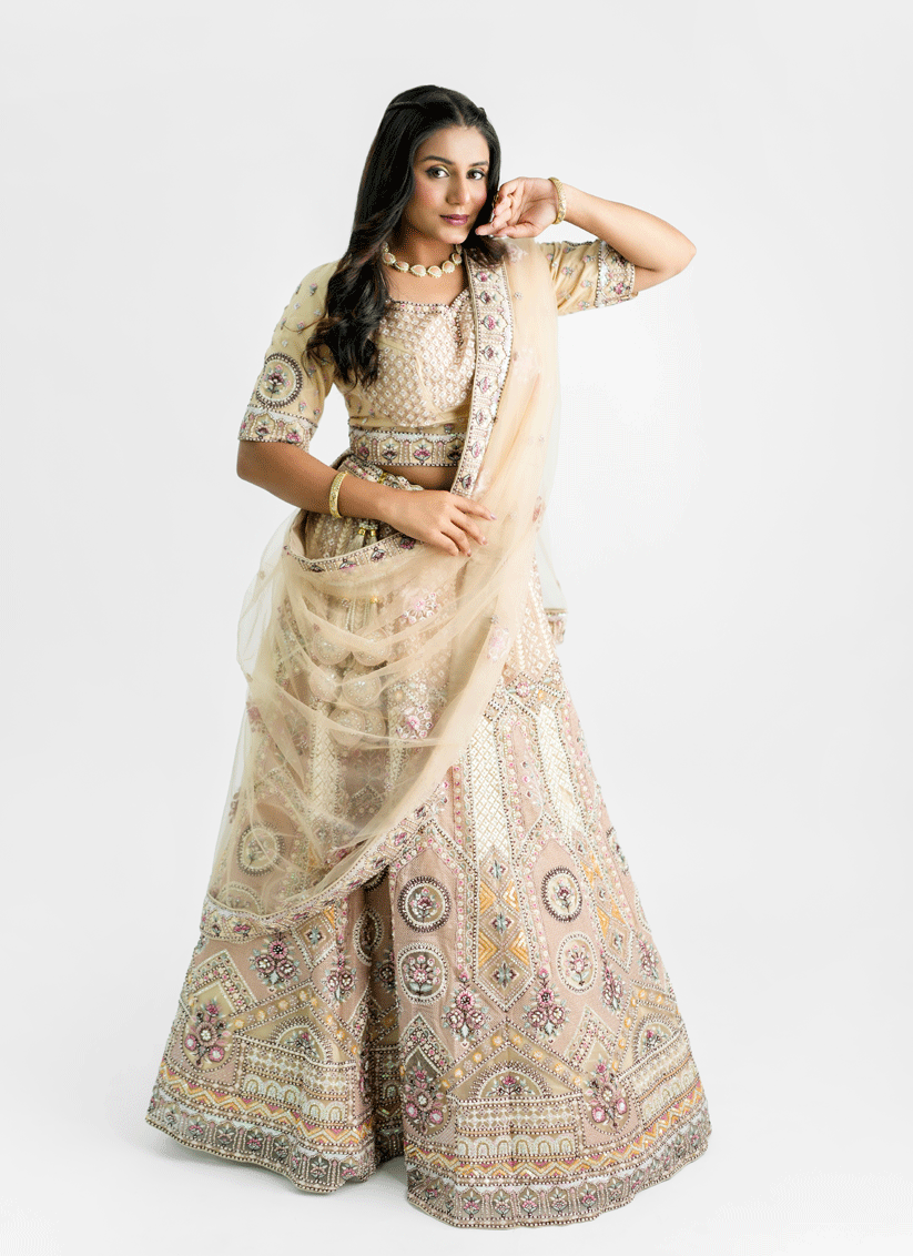 Beige Satin Silk ThreadEmbroidered  Designer Lehenga Choli