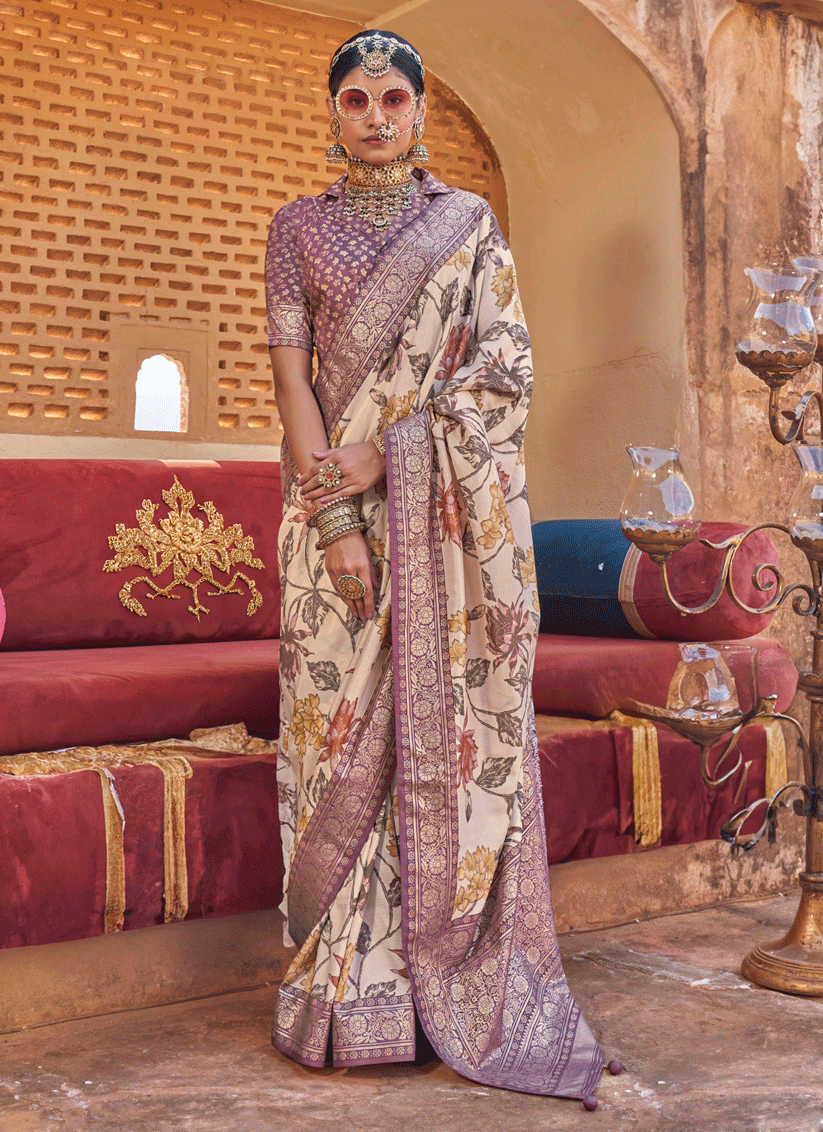 Beige Floral Printed Designer Silk Saree