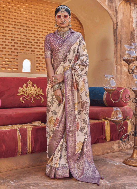 Beige Floral Printed Designer Silk Saree