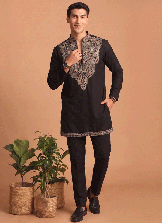 Black Embroidered Men's Kurta Set for Festive Wear