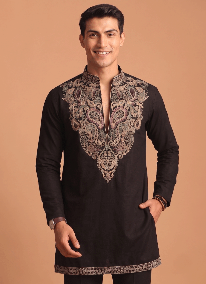 Black Embroidered Men's Kurta Set for Festive Wear