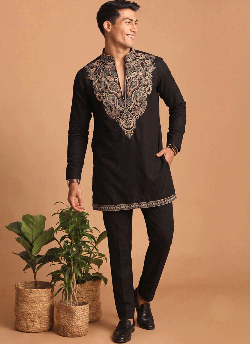 Black Embroidered Men's Kurta Set for Festive Wear