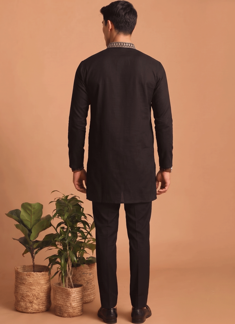 Black Embroidered Men's Kurta Set for Festive Wear