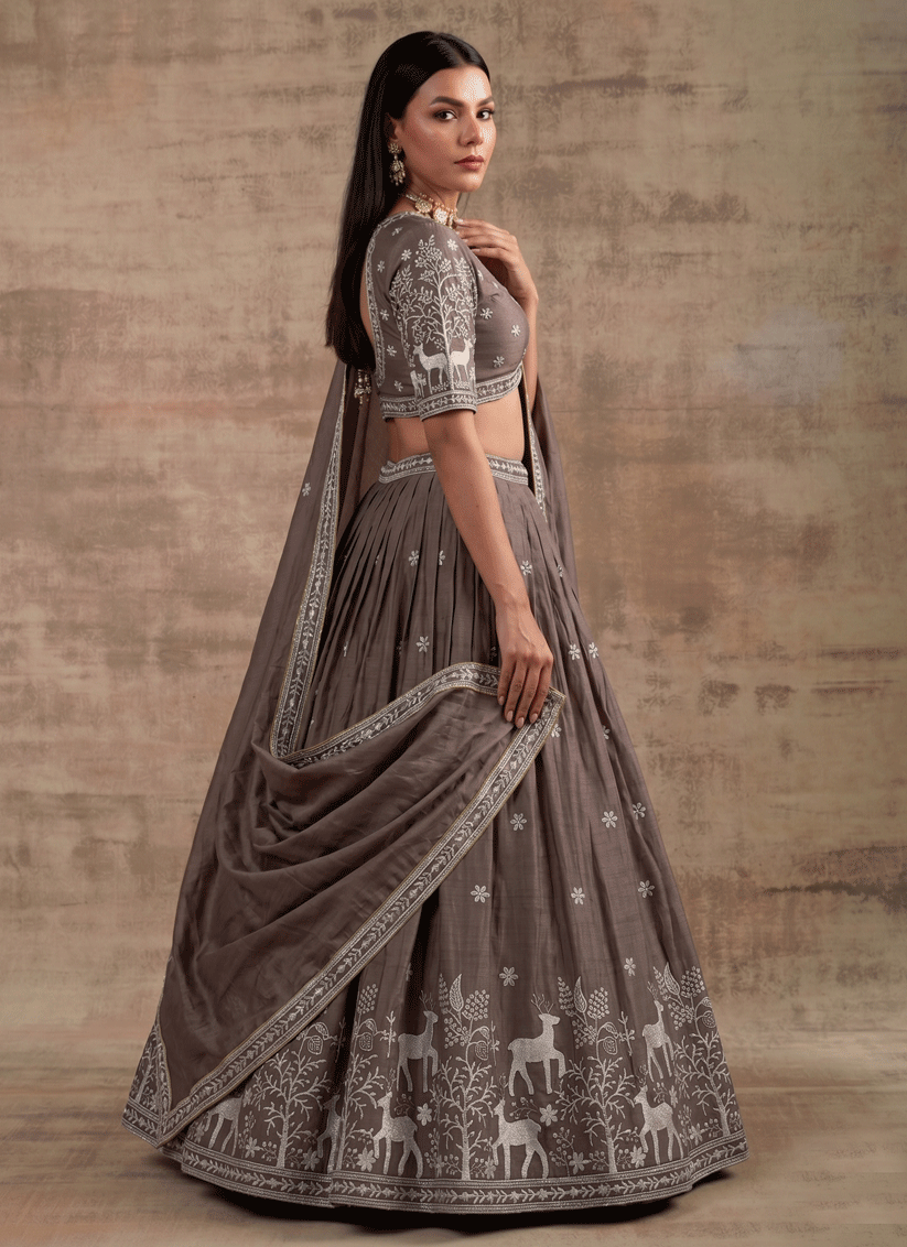 Brown Satin Silk Embroidered Lehenga Choli for Women