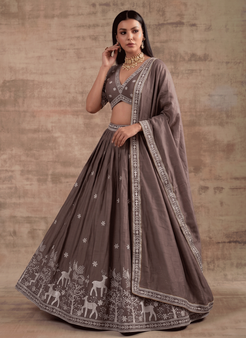 Brown Satin Silk Embroidered Lehenga Choli for Women