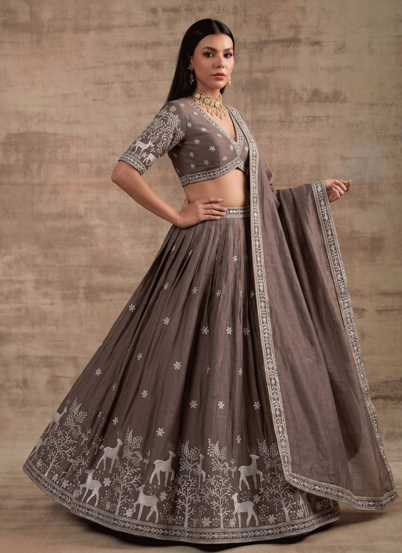 Brown Satin Silk Embroidered Lehenga Choli for Women